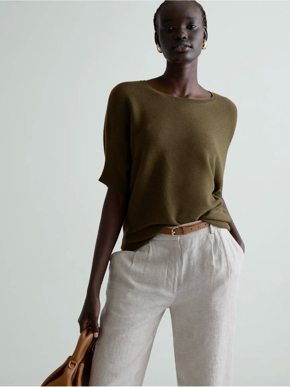 QUINCE SZ L Limited Edition Relaxed Olive Green Short-Sleeve Knit Top